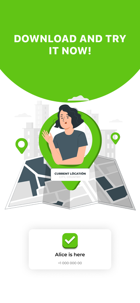 Family Locator GPS Virtual Map - Ilustración gráfica de la aplicación Localizador Familiar que muestra un mapa con un pin de ubicación y una alerta de notificación que dice Alice está aquí