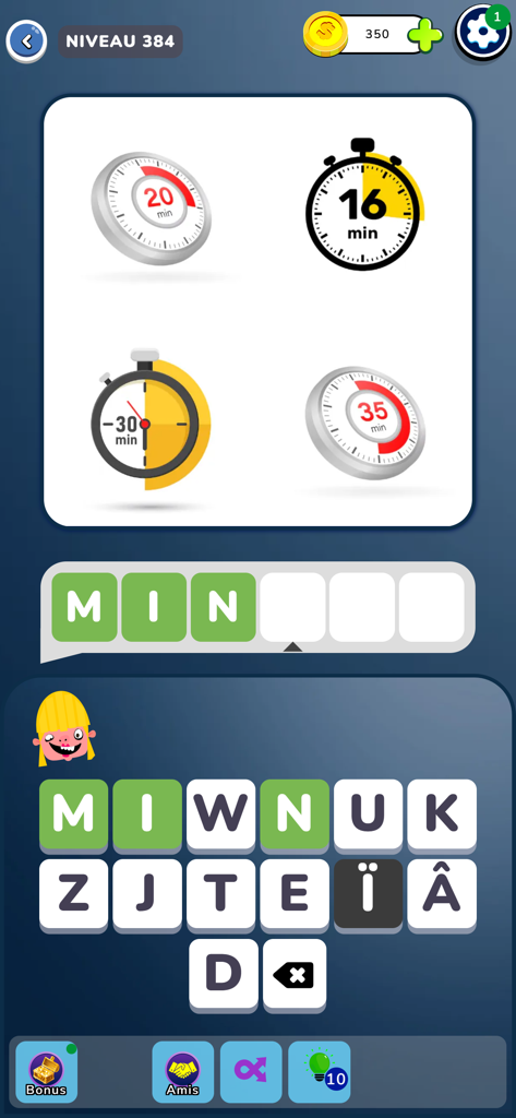 Gameplay screen of a word puzzle game showing four images of timers and the letters M I N correctly placed for the word minute