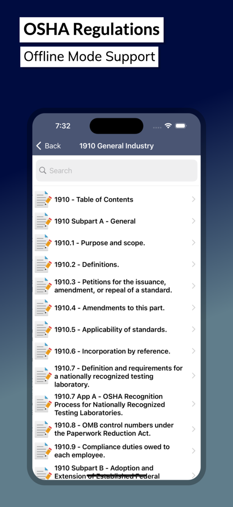 一般産業規格とオフラインモードサポートを表示するOSHA安全規制ガイドアプリのスクリーンショット。