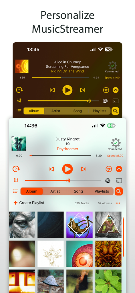 MusicStreamer app music player interface shown in both dark and light theme modes