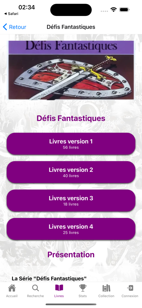 Pantalla de la aplicación que muestra diferentes ediciones y versiones de la serie de librojuegos Defis Fantastiques