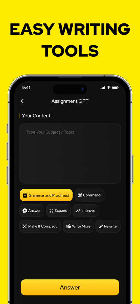 AI Math Problem Solver: MathAI - Mobile app interface for AI writing tools featuring options for grammar proofreading rewriting and expanding text for homework assignments