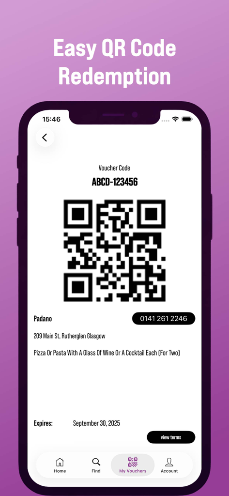 MyDine - MyDine app interface showing a QR code for restaurant voucher redemption.