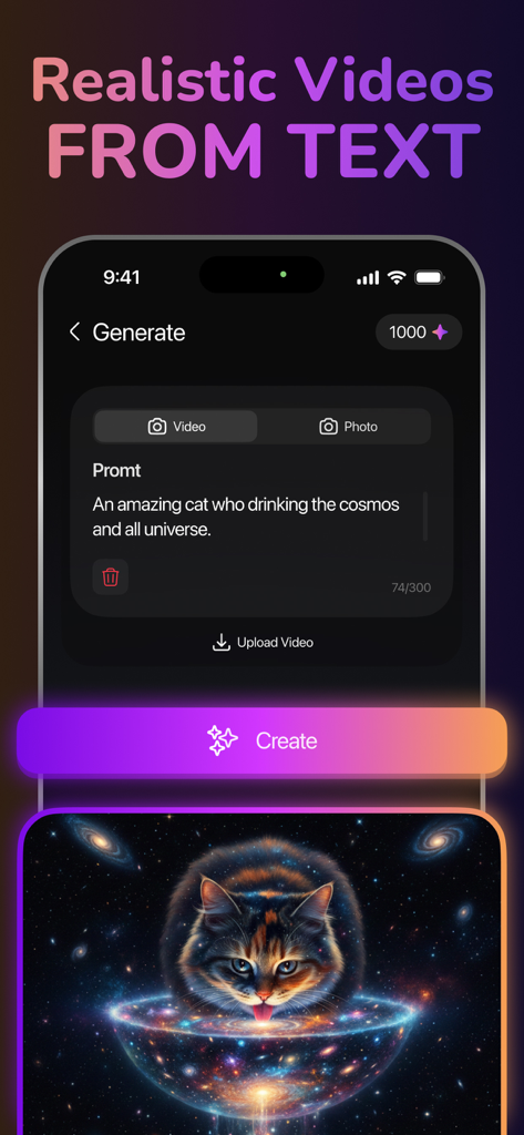 Screenshot of PixVerse app interface showing a text prompt for a cosmic cat and its generated AI video result