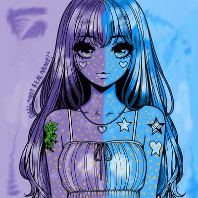 realistic anime girl with long hair star heart tattoos with a simple fabric dress with full lips