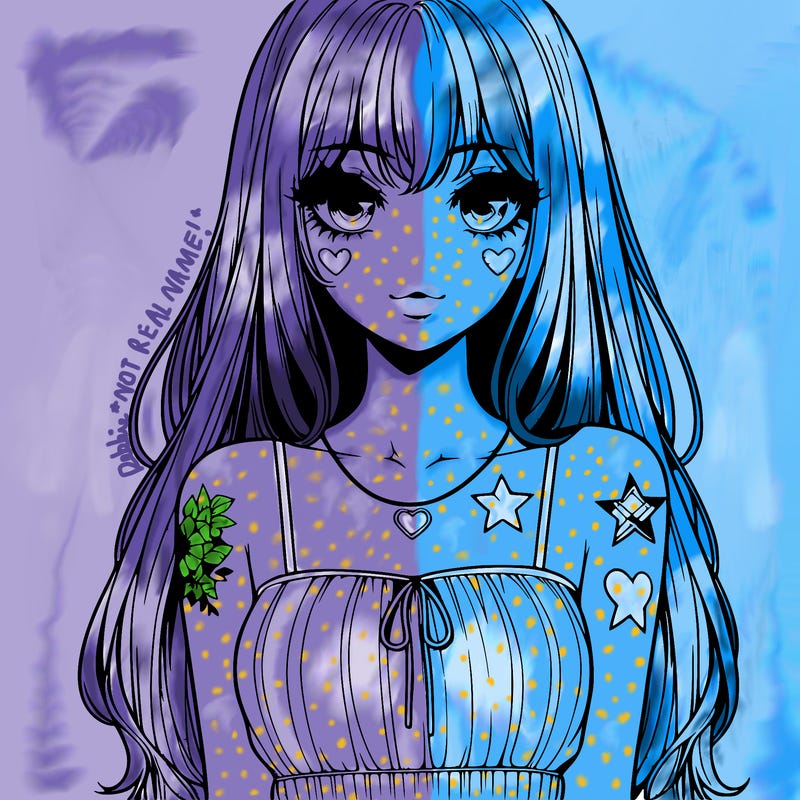 realistic anime girl with long hair star heart tattoos with a simple fabric dress with full lips