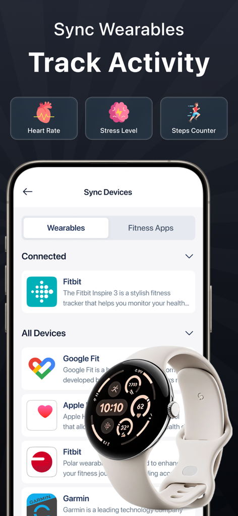 MyFitnessCoach-AI Fitness Diet - Interface for syncing wearable devices and fitness apps like Fitbit and Garmin with MyFitnessCoach.