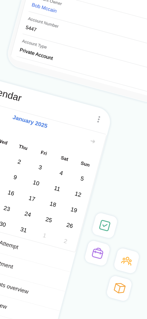 Fireberry - Interface do aplicativo móvel Fireberry mostrando calendário de negócios e detalhes da conta do cliente