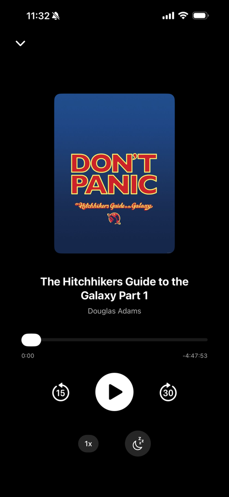 UniBook - Books without limits - UniBook app audiobook player screen featuring playback controls and The Hitchhikers Guide to the Galaxy book cover