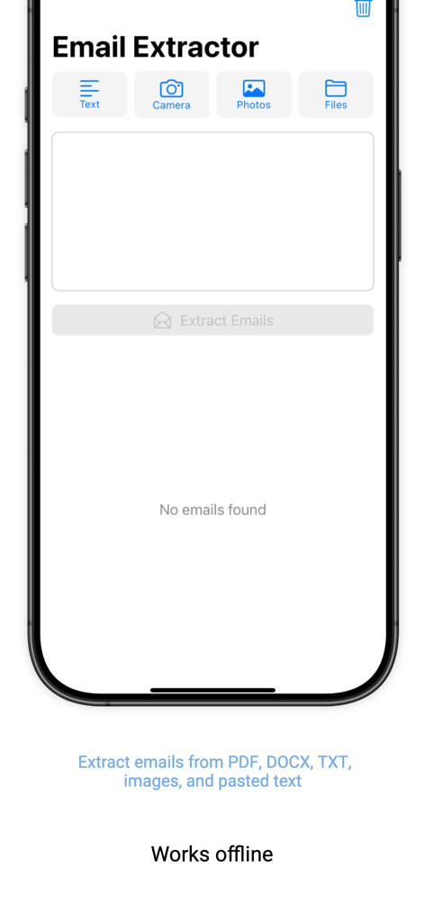 Interfaz de la aplicación Extractor de Correos Pro mostrando opciones de entrada como texto, fotos de cámara y archivos para la generación de leads