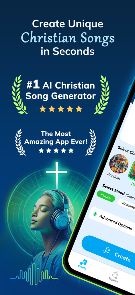 Christian Song Maker: AI Music - Interface of the Christian Song Maker app showing AI song generation options and a woman with headphones under a glowing cross.