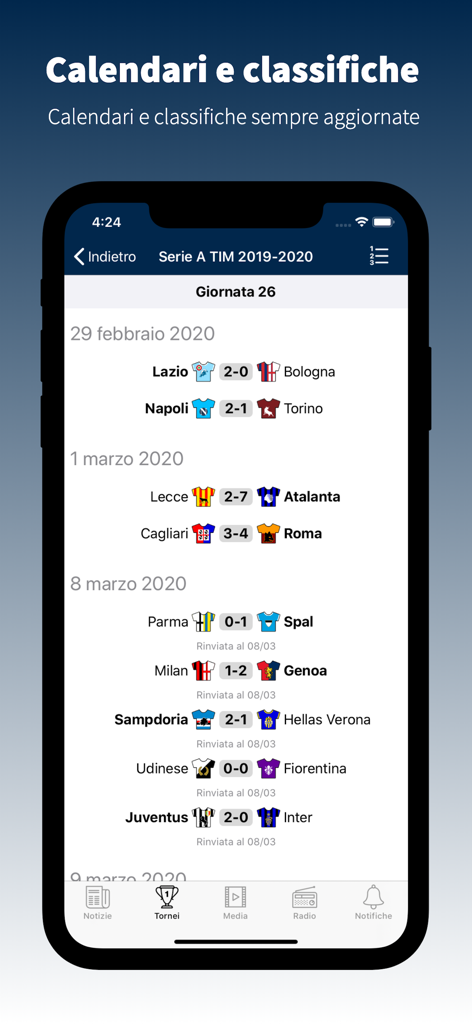 SampdoriaNews.net - App SampdoriaNews che mostra i risultati delle partite di Serie A e il calendario della giornata 26.