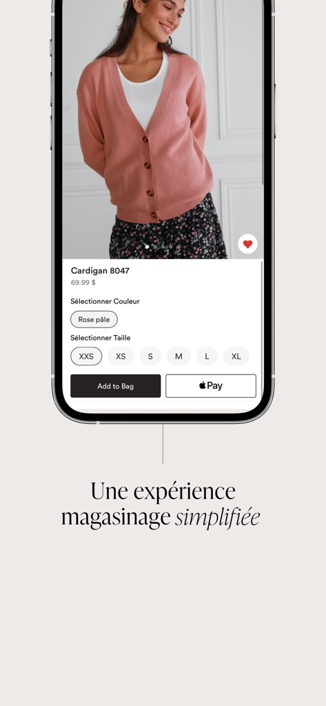 WOMANCE - Smartphone screen displaying a pink cardigan product page on the WOMANCE app with size selection and Apple Pay options.