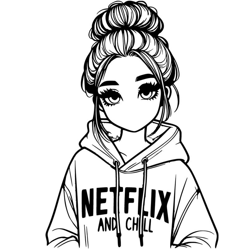 realistic girl with her hair up in a bun wearing a hoodie that says netflix and chill