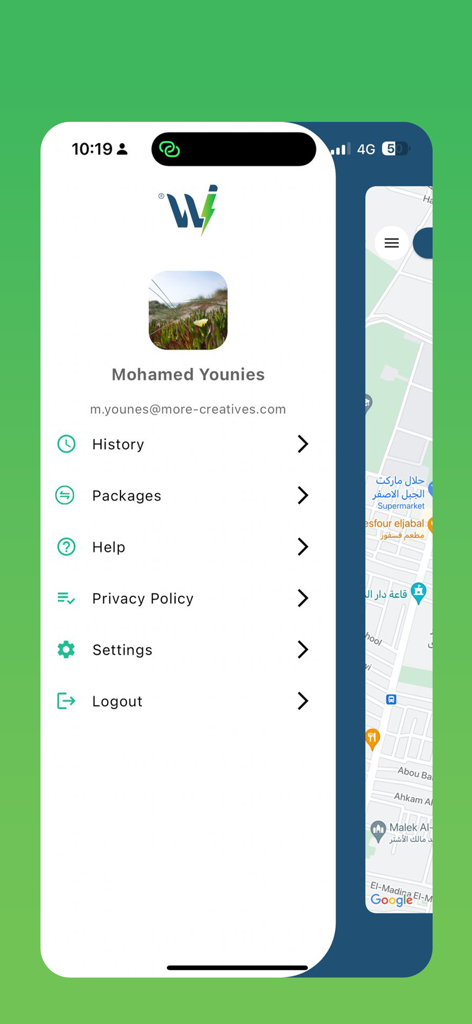 Witty Solutions - Side menu of Witty Solutions app showing user profile and account settings