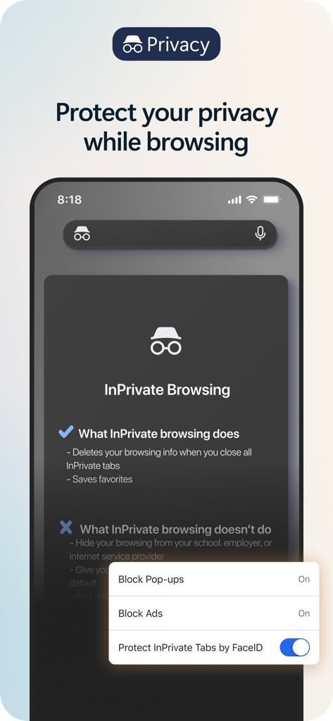 Microsoft Edge mobile app interface showing privacy settings and InPrivate browsing features