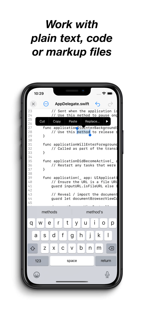 Subtext - Subtext app on an iPhone editing a Swift code file showing a keyboard and text selection menu