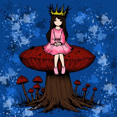 realistic girl sitting on a huge tree stump size toadstool with thorn crown