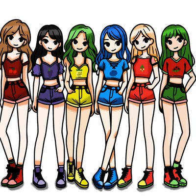 a group of girls wearing crop tops and shorts