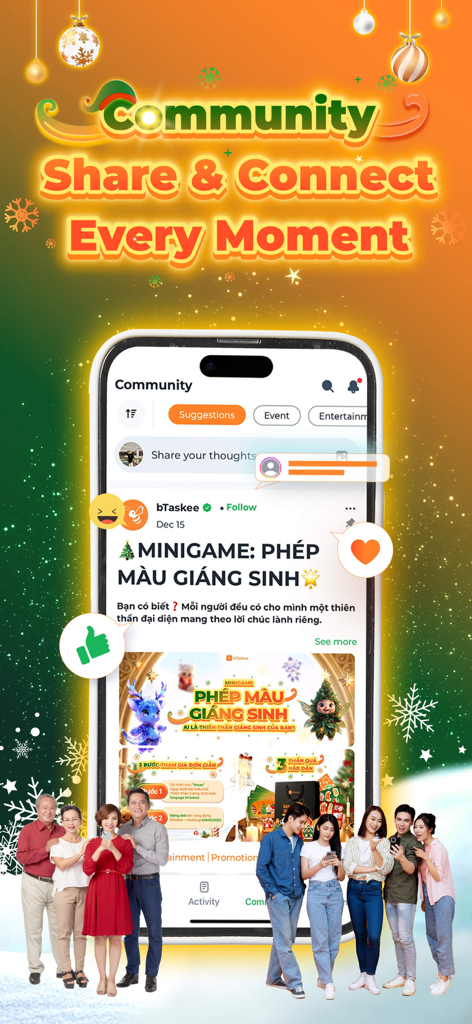 Una captura de pantalla de la sección de la comunidad de la aplicación bTaskee que muestra publicaciones sociales y minijuegos navideños con una interfaz festiva.