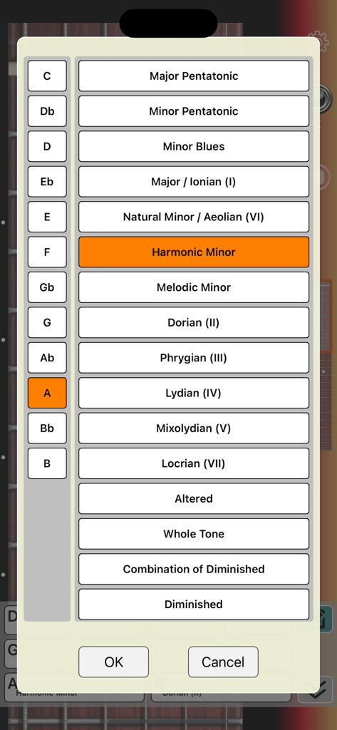 Scale selection menu in Guitar Chords and Scales Master app showing various musical scales and notes