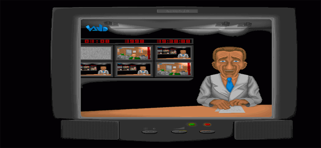 Polda - A retro news anchor character on a vintage television screen in the Polda game