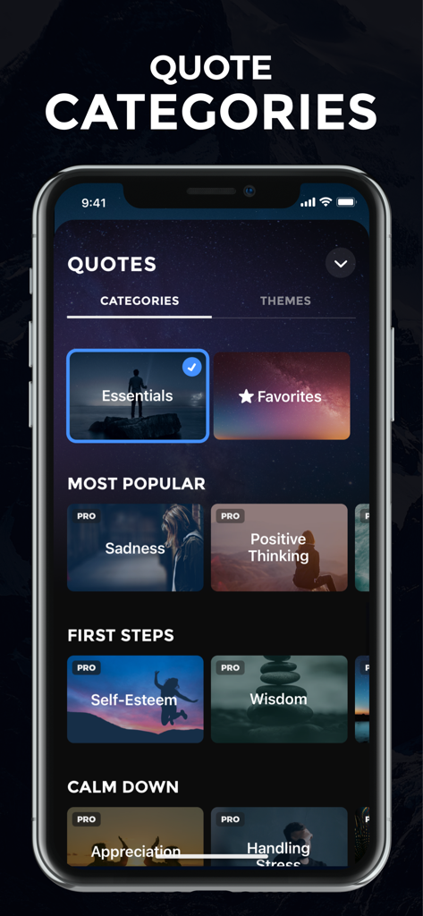 Motivate: Daily Motivation - Schermata dell'app Motivate che mostra categorie di citazioni come Essenziali, Pensiero Positivo e Autostima con un tema scuro premium.