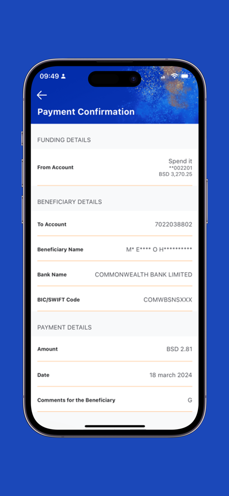 Payment confirmation screen of the CBL Mobile Banking app showing transaction details and beneficiary information