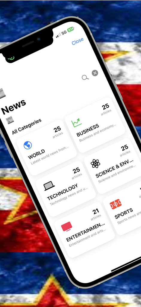 ExYu FM – Balkan Radio - News categories selection screen in the ExYu FM Balkan Radio app showing world, business, technology, and sports sections.