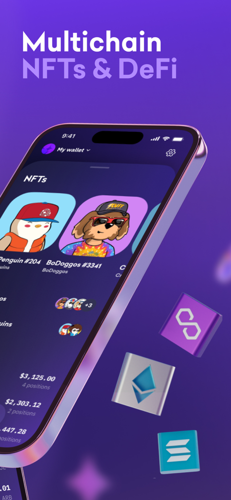 Kraken Wallet App-Oberfläche, die eine Multi-Chain-NFT-Galerie und Krypto-Asset-Logos anzeigt
