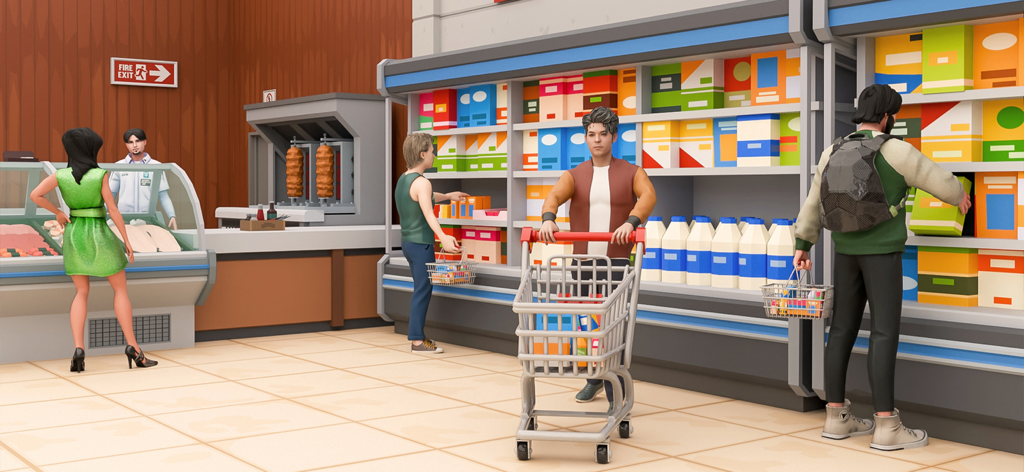 Manager 3D: Supermarket Sim - Clientes navegando por estantes y empujando un carrito de compras en un juego de simulación de supermercado 3D.