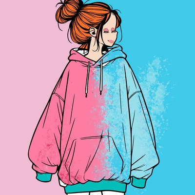 realistic girl with a oversized sweatshirt on and a bun
