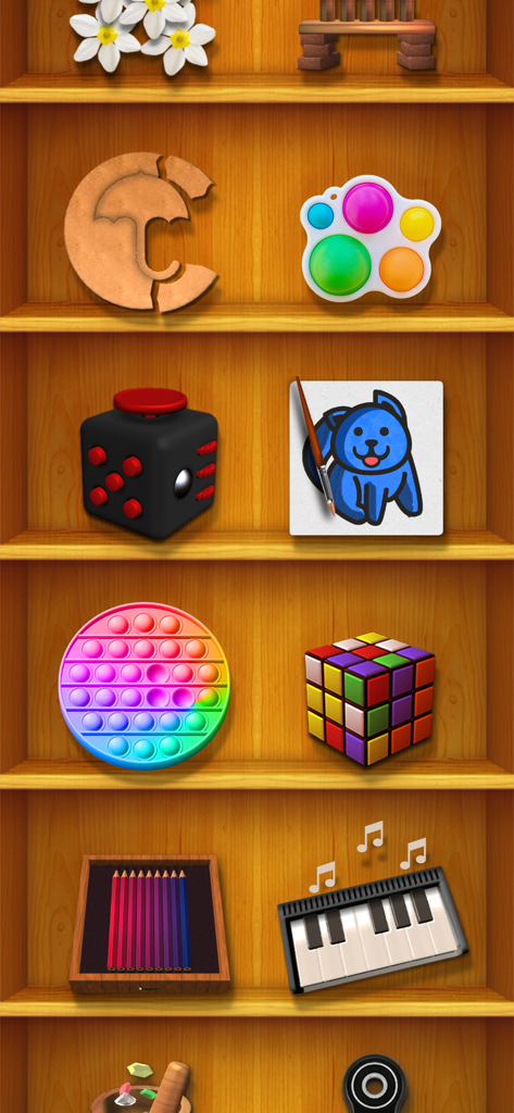 A collection of digital fidget toys like pop-its and a fidget cube displayed on a wooden shelf
