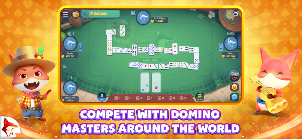 Pantalla de jugabilidad de Domino ZingPlay con una partida en línea contra maestros de dominó de todo el mundo