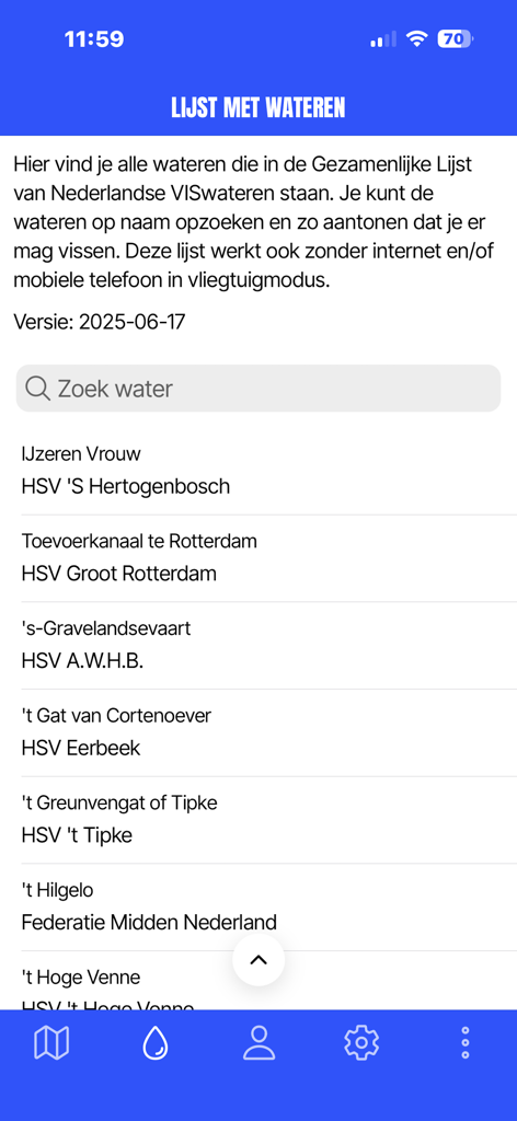 Eine Liste der erlaubten Angelgewässer in der VISplanner Mobile App mit verschiedenen Standorten in den Niederlanden