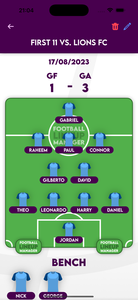 Football Lineup Manager - Tableau tactique de football numérique montrant une formation de 11 joueurs et le score final d'un match contre les Lions FC