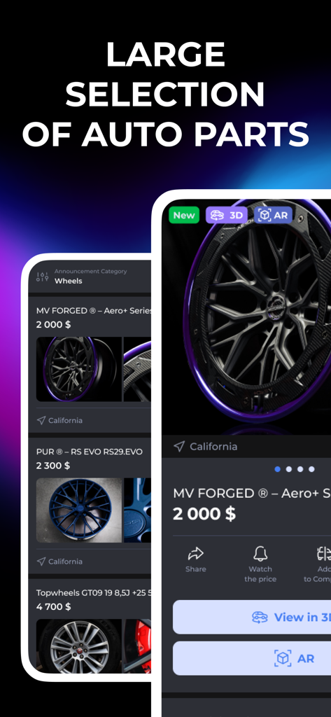 A mobile interface displaying a large selection of car wheels and aftermarket auto parts with 3D and AR visualization options.