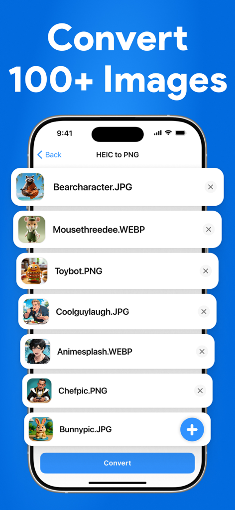 iPhone app interface showing the batch conversion of multiple images from HEIC to PNG format