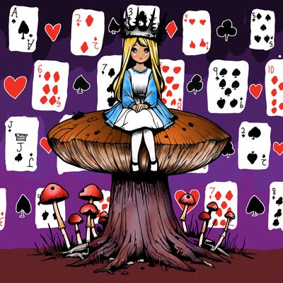 realistic girl sitting on a huge tree stump size toadstool with thorn crown