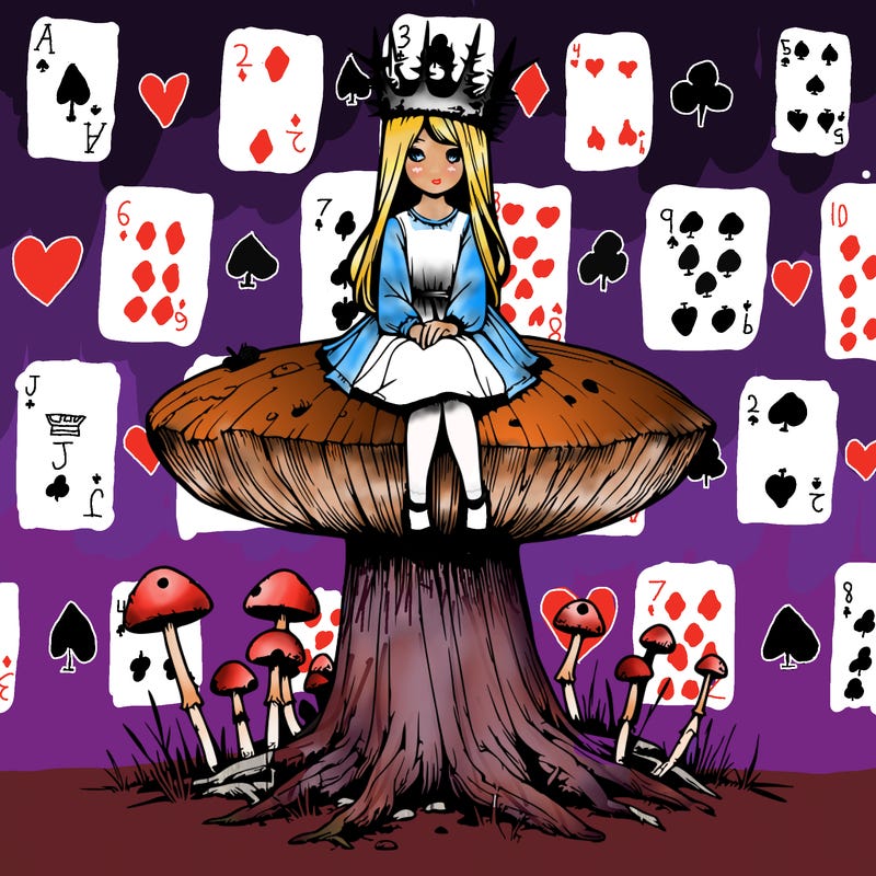 realistic girl sitting on a huge tree stump size toadstool with thorn crown