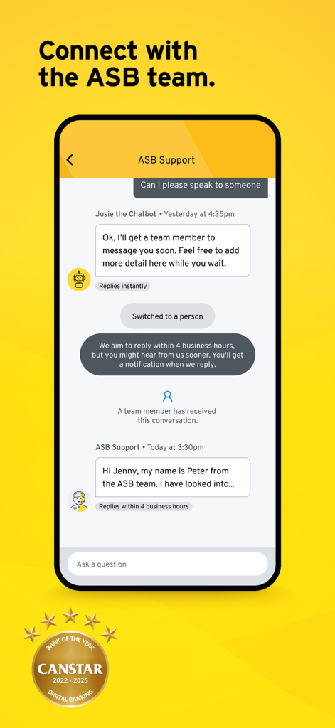 ASB Mobile Banking - ASB Mobile Banking customer support chat interface