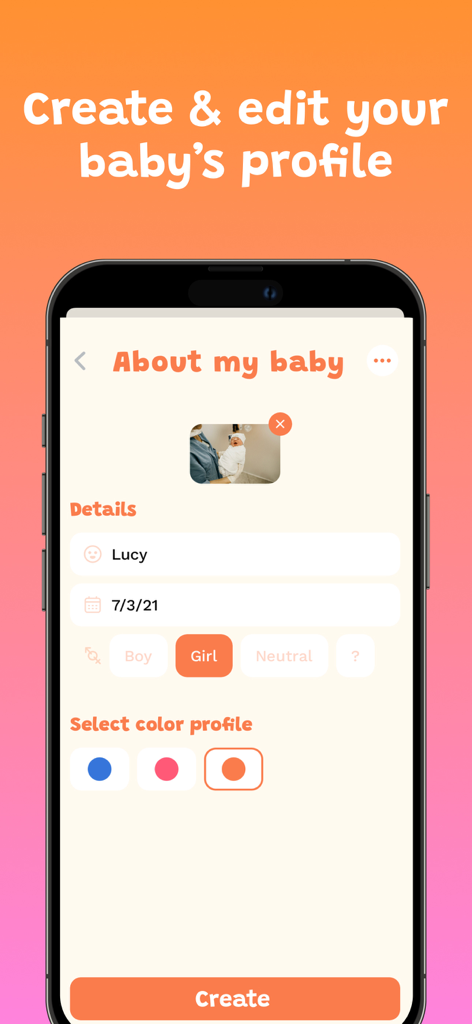 Babio: Baby Monthly Pictures - Babio app screen for creating a baby profile with name and birthday details.
