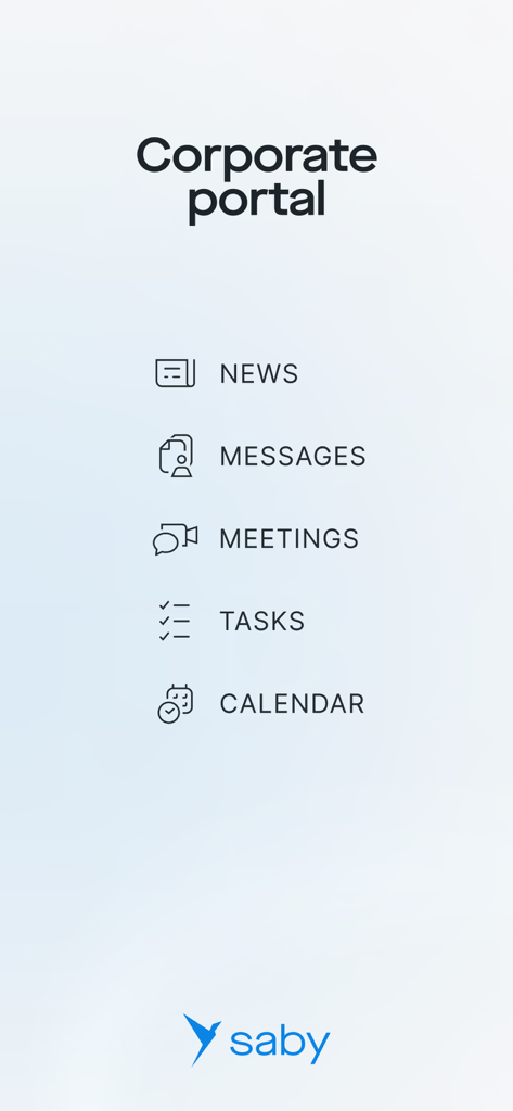Saby - Saby app corporate portal menu showing news messages meetings tasks and calendar options