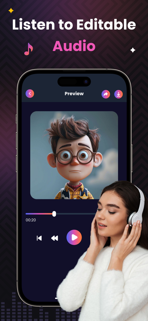 AI Magic Voice Changer - A woman wearing headphones listening to a character voice preview on the AI Magic Voice Changer app interface.