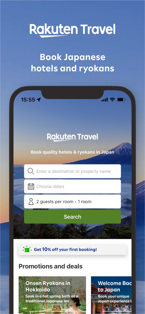 Rakuten Travel: Hotel Booking - Interface do aplicativo Rakuten Travel mostrando uma tela de busca para reserva de hotéis e riocans japoneses