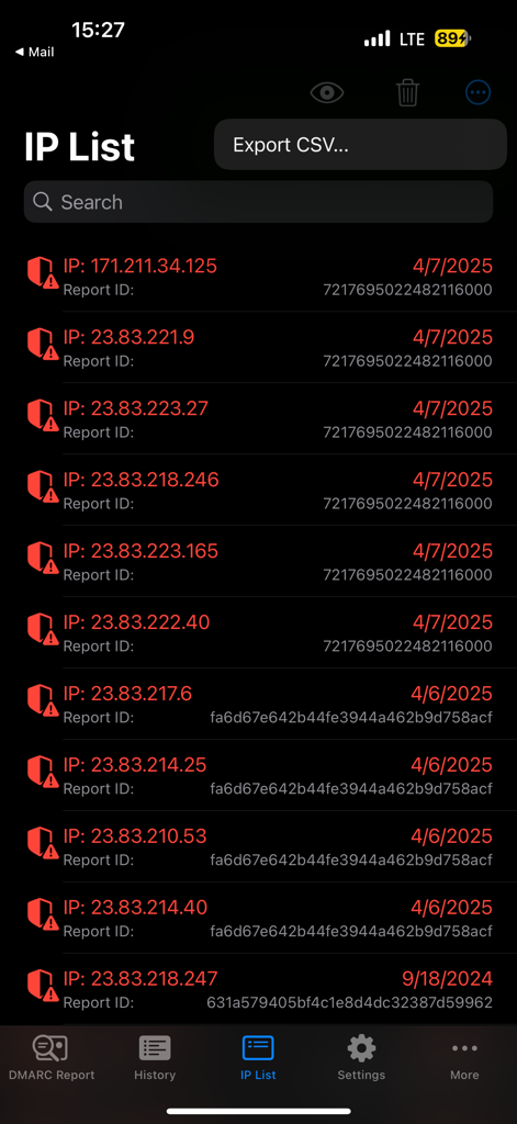 DMARC Aide - A list of flagged malicious IP addresses with report IDs and dates within the DMARC Aide app.
