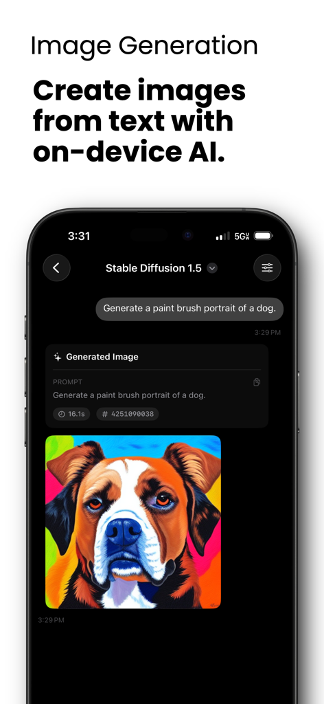 Mobile app interface showing local on-device image generation of a dog portrait from a text prompt.