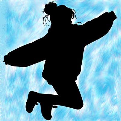 realistic girl jumping with a bun and oversized sweatshirt