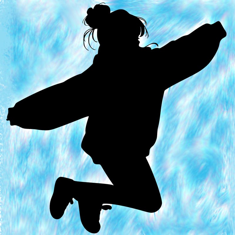 realistic girl jumping with a bun and oversized sweatshirt
