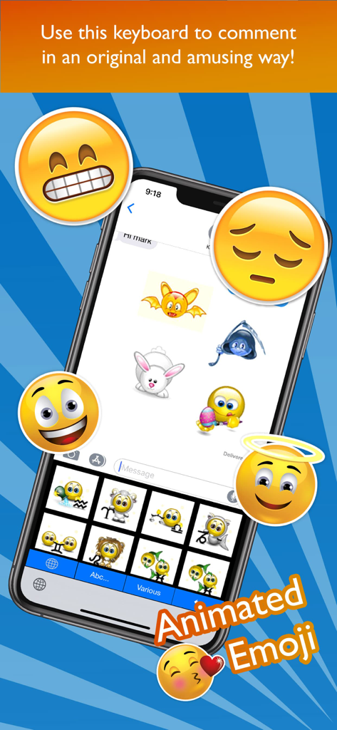 Animated Emoji Keyboard Pro - Un smartphone mostrando el Teclado Animado de Emojis Pro con varios stickers y emojis animados divertidos en una aplicación de mensajería.